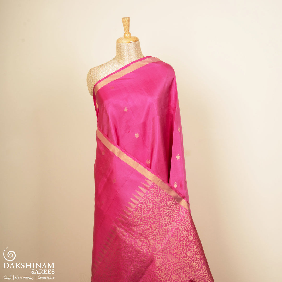 Pleats/body of Handwoven Pink color Soft silk Saree