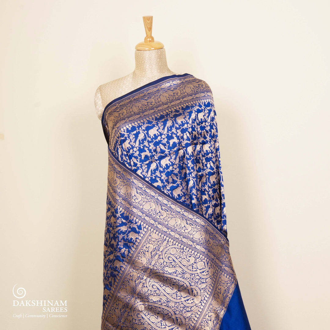 Pleats/body of Handwoven Royal Blue Banarasi silk Saree