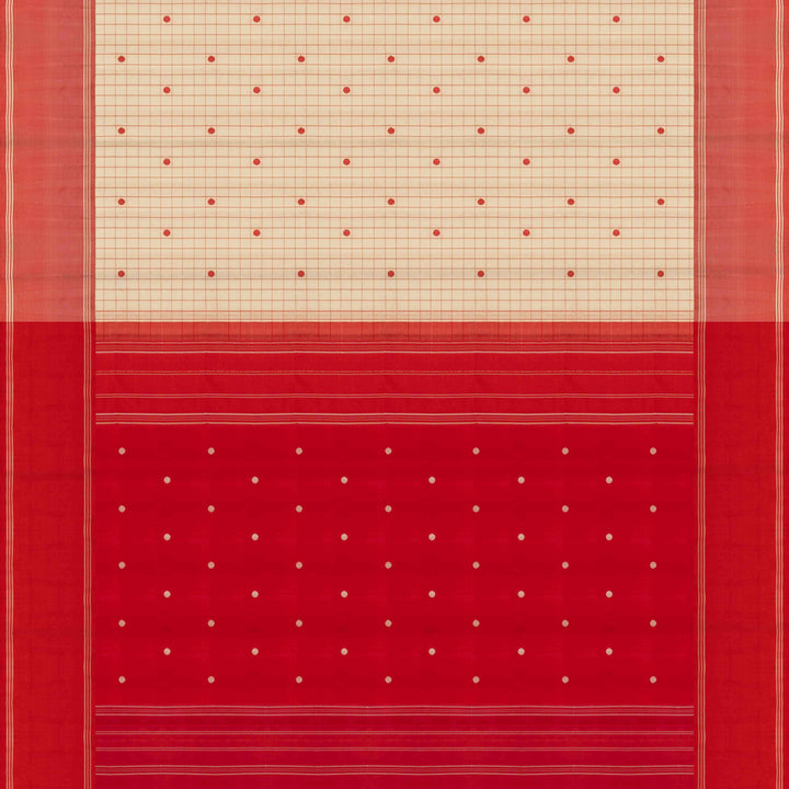 Pallu of Handwoven Pattupettu Kanjivaram silk Saree in Offwhite and Red color