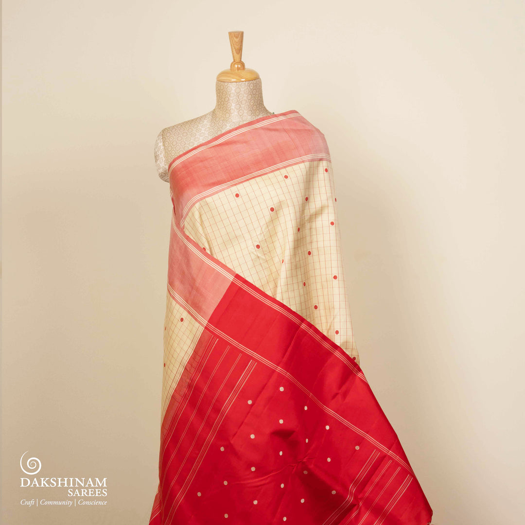Pallu of Handwoven Pattupettu Kanjivaram silk Saree in Offwhite and Red color