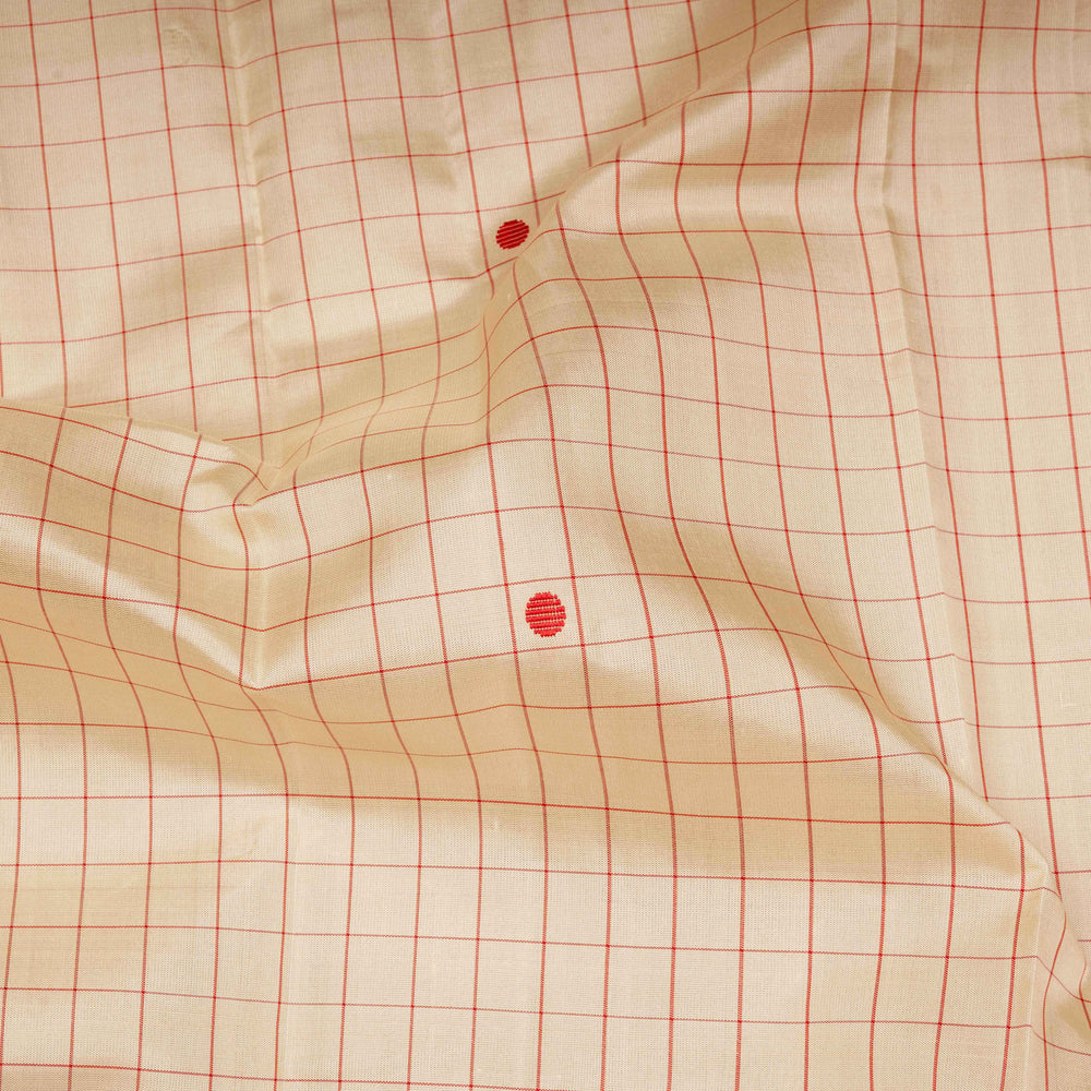 Closeup of Handwoven Pattupettu Kanjivaram silk Saree in Offwhite and Red color