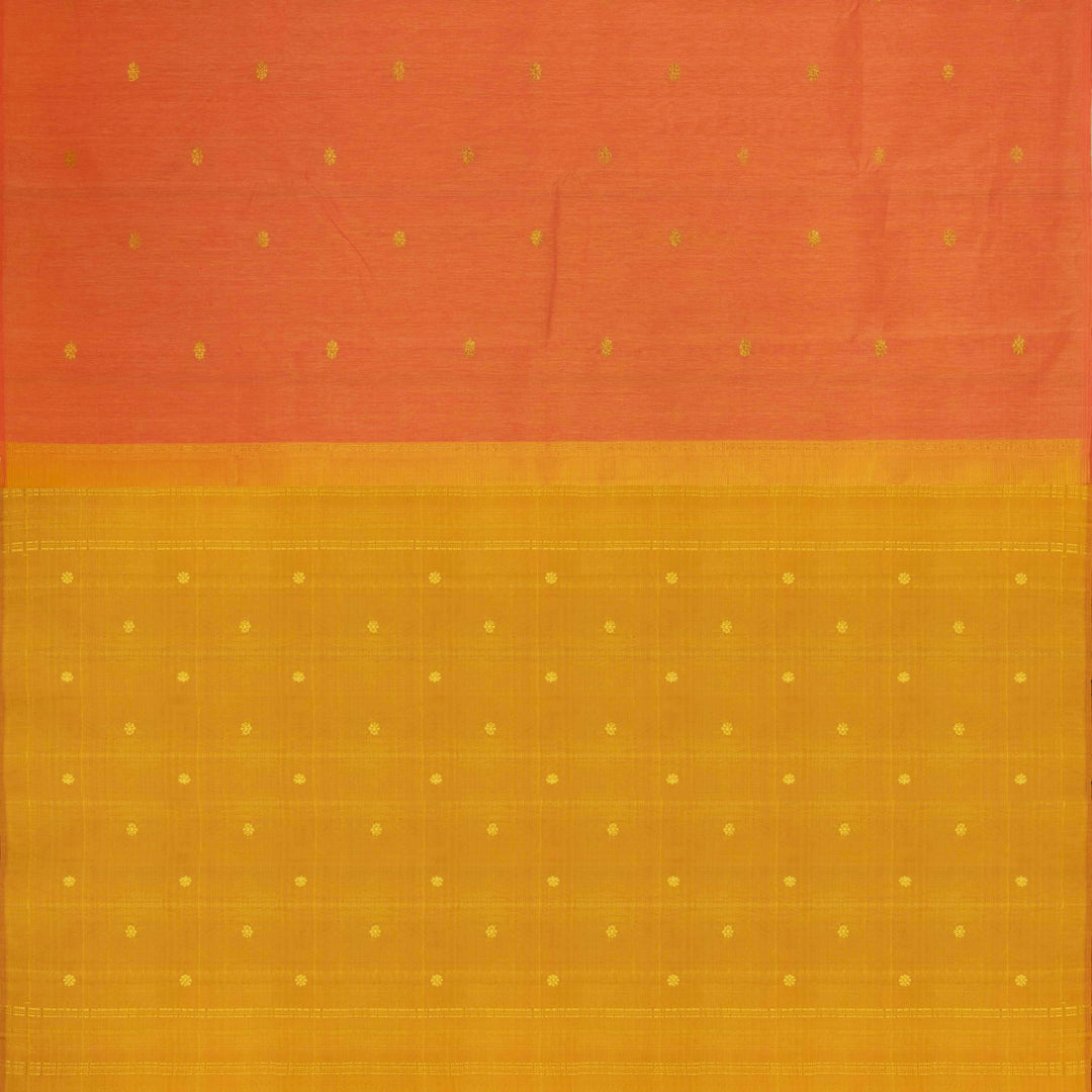 Pallu of Handwoven Borderless Linen Kanjivaram silk Saree in Orange and Yellow color