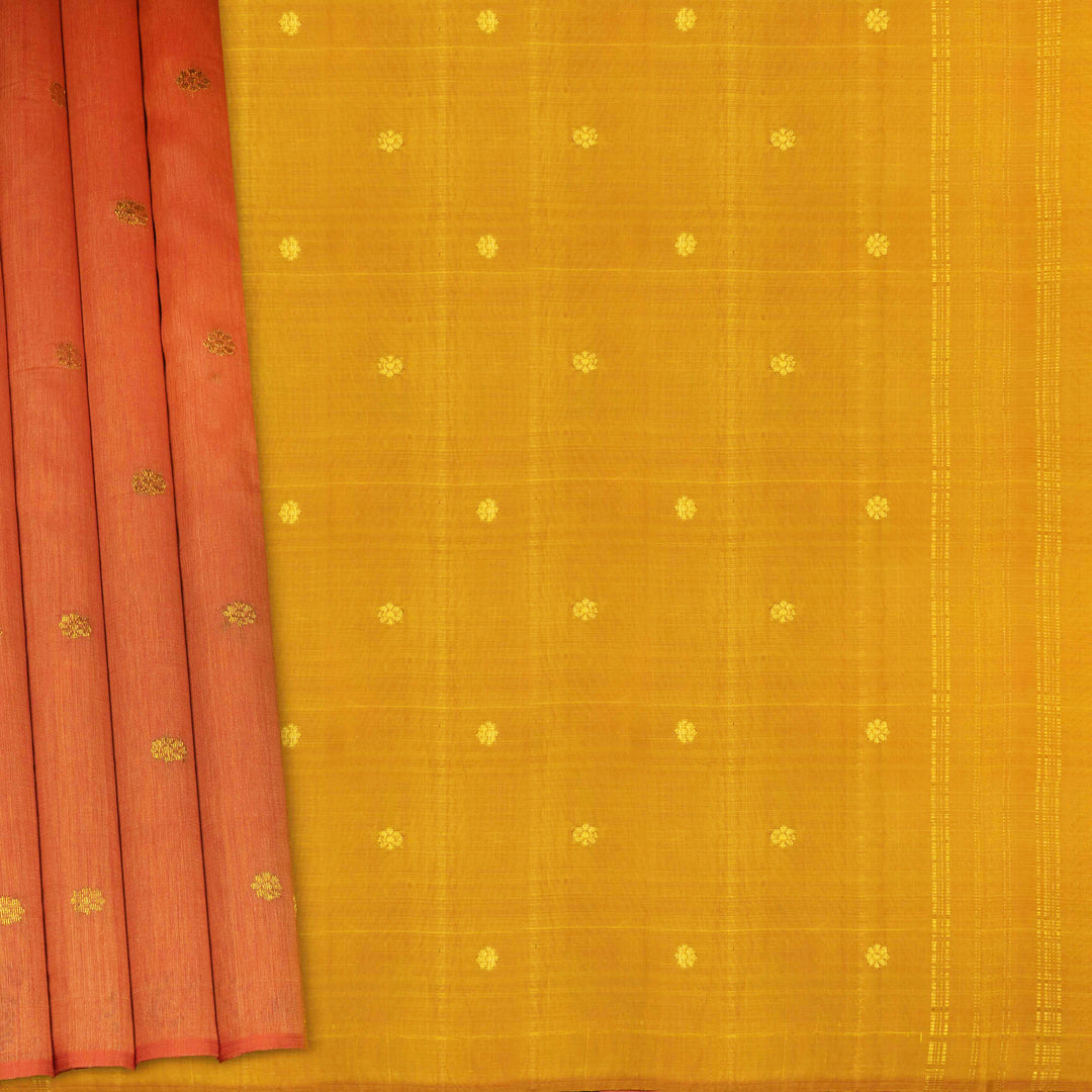 Body design of Handwoven Borderless Linen Kanjivaram silk Saree in Orange and Yellow color