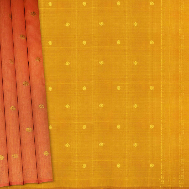 Body design of Handwoven Borderless Linen Kanjivaram silk Saree in Orange and Yellow color