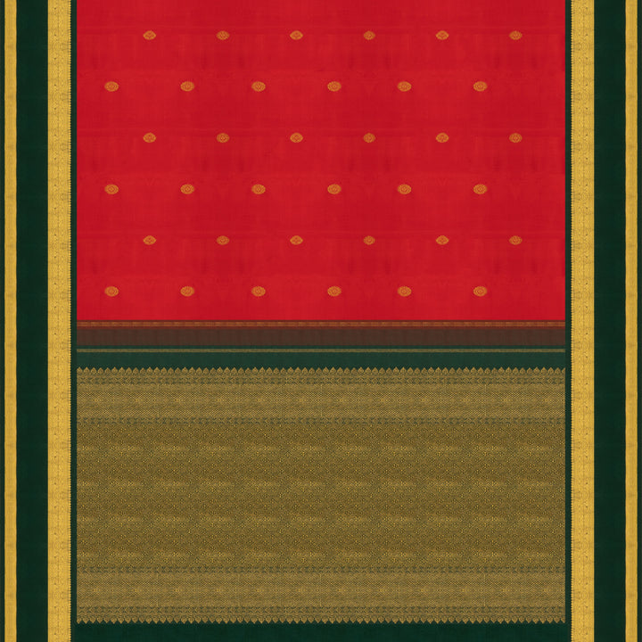 Pallu of Handwoven Korvai Kanjivaram silk saree in Red and Green color