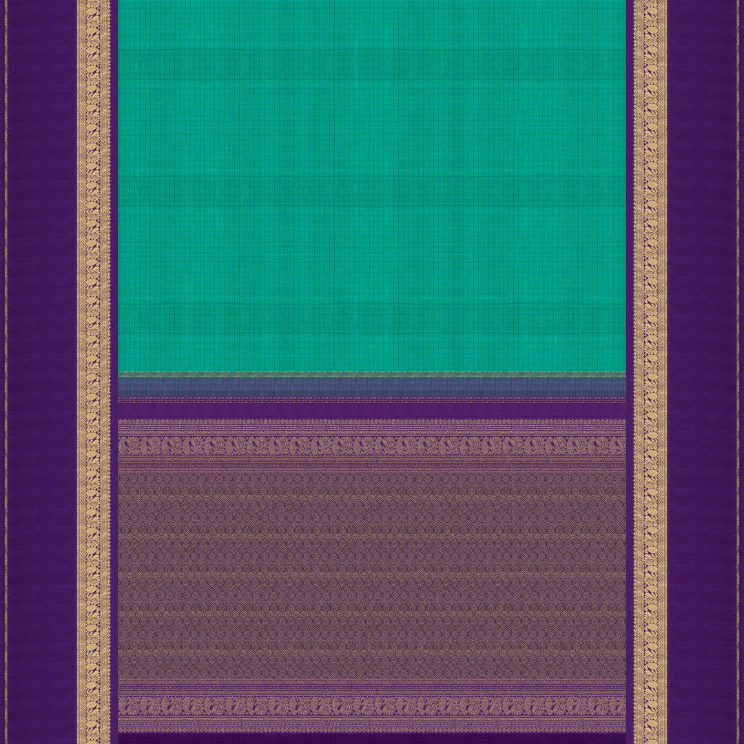 Pallu of Handwoven Checked Korvai Kanjivaram silk saree in Teal Green and Purple color
