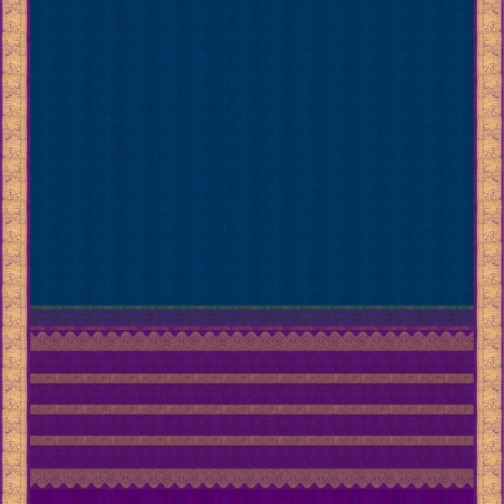 Pallu of Handwoven Kanjivaram silk saree in Peacock Blue and Purple color