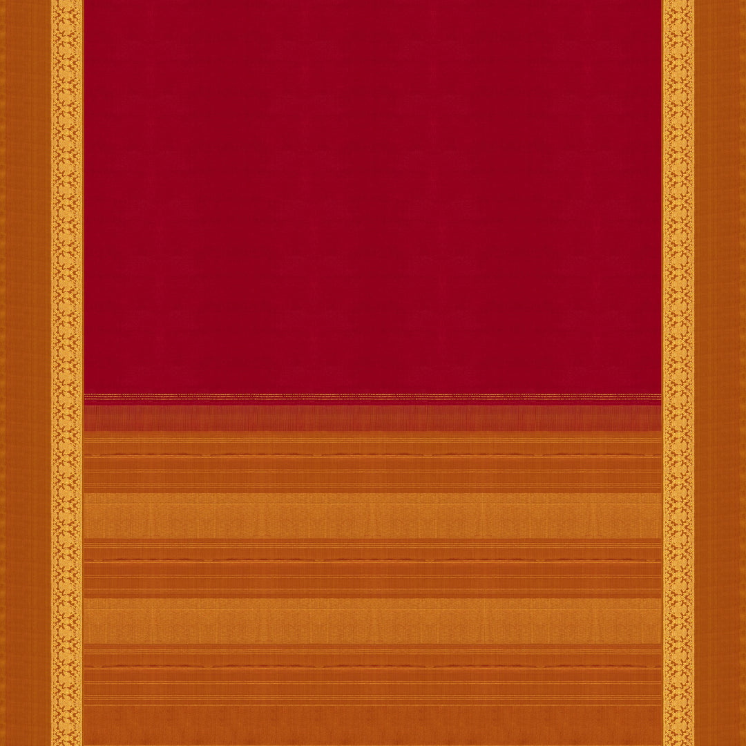 Pallu of Handwoven Kanjivaram silk saree in Red and Orange color