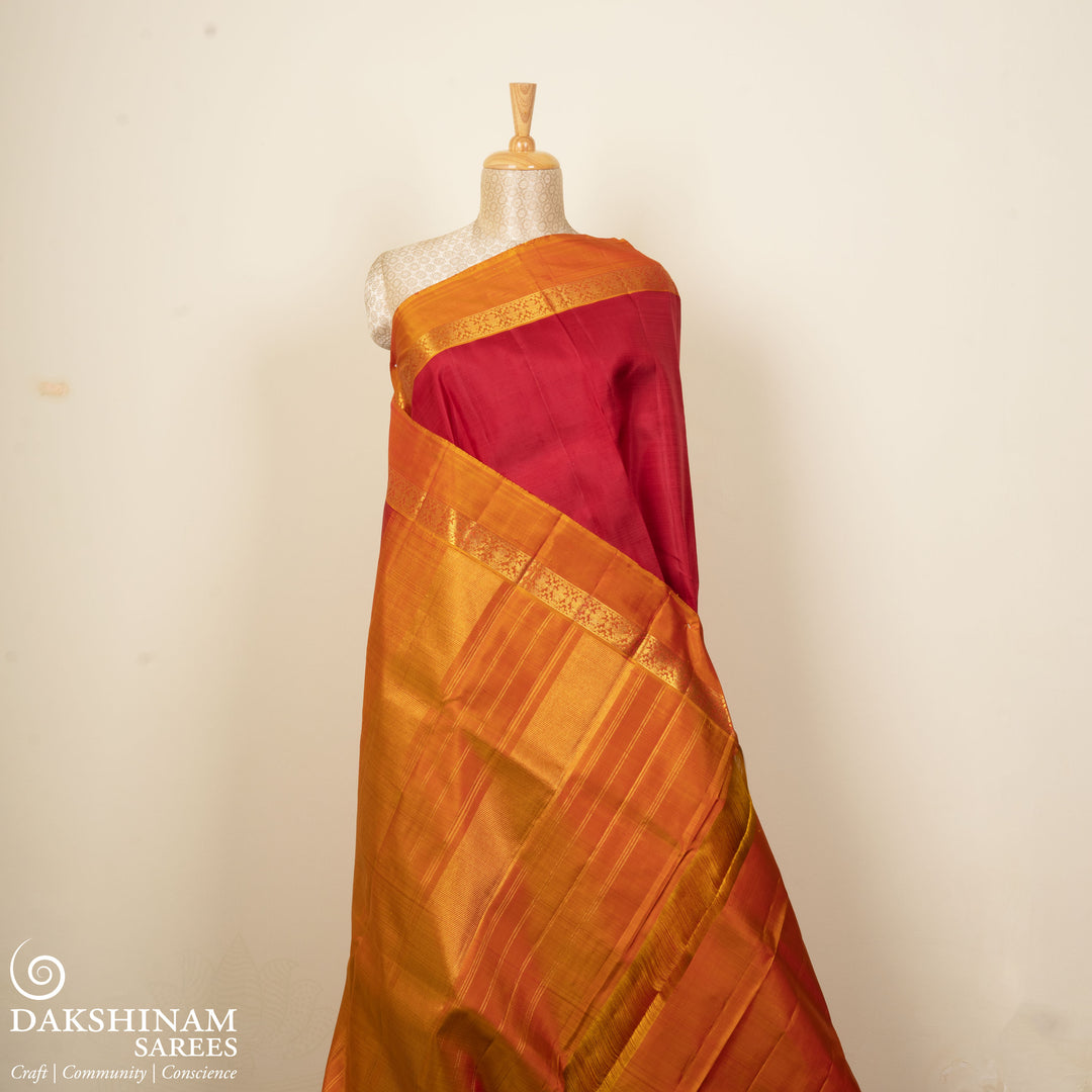 Pleats/body of Handwoven Kanjivaram silk saree in Red and Orange color