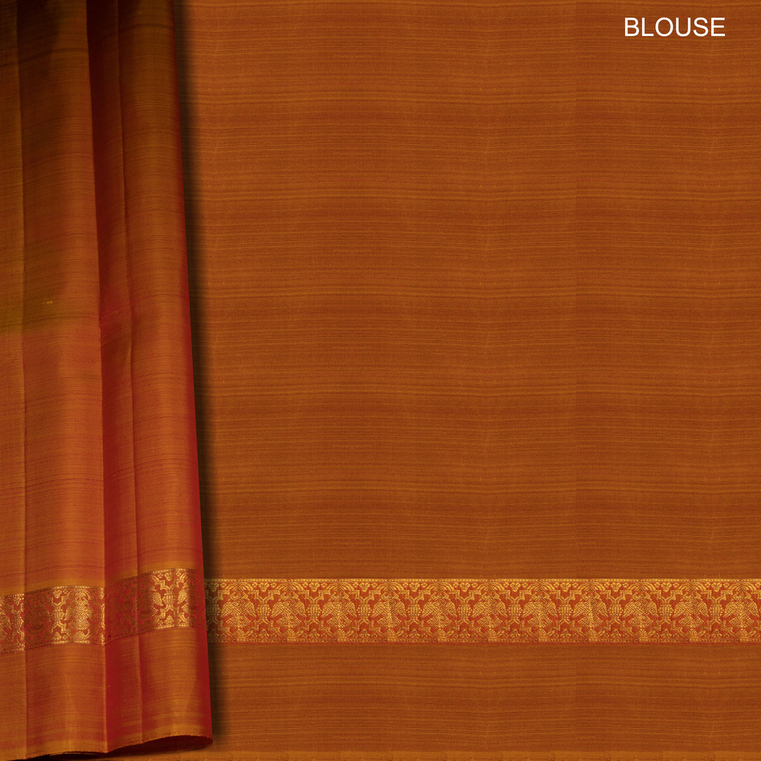 Blouse of Handwoven Kanjivaram silk saree in Red and Orange color