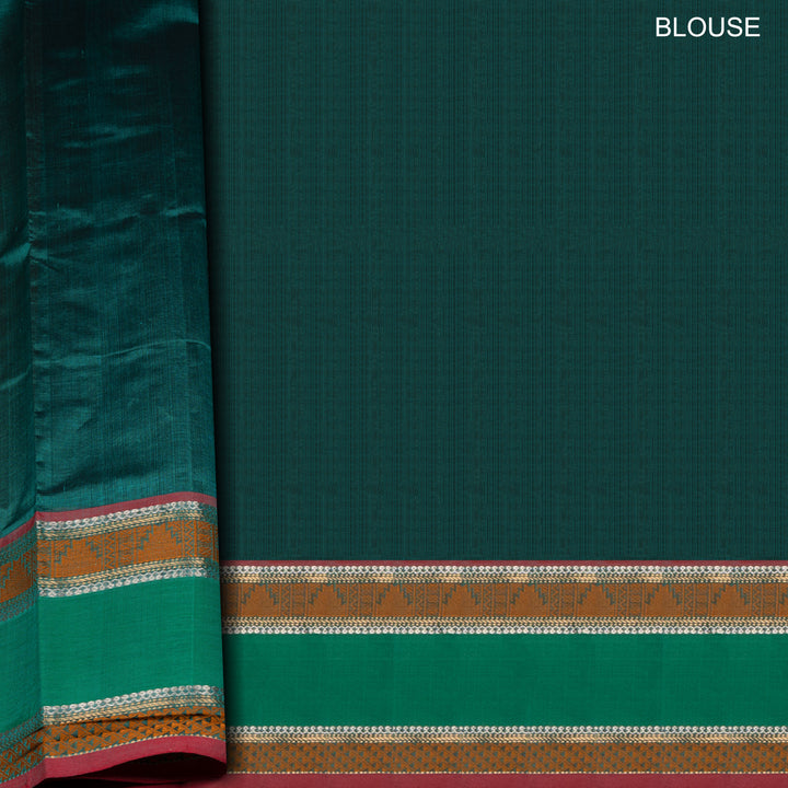 Checked dark green silk cotton saree with rettapet temple border and gold zari pallu design