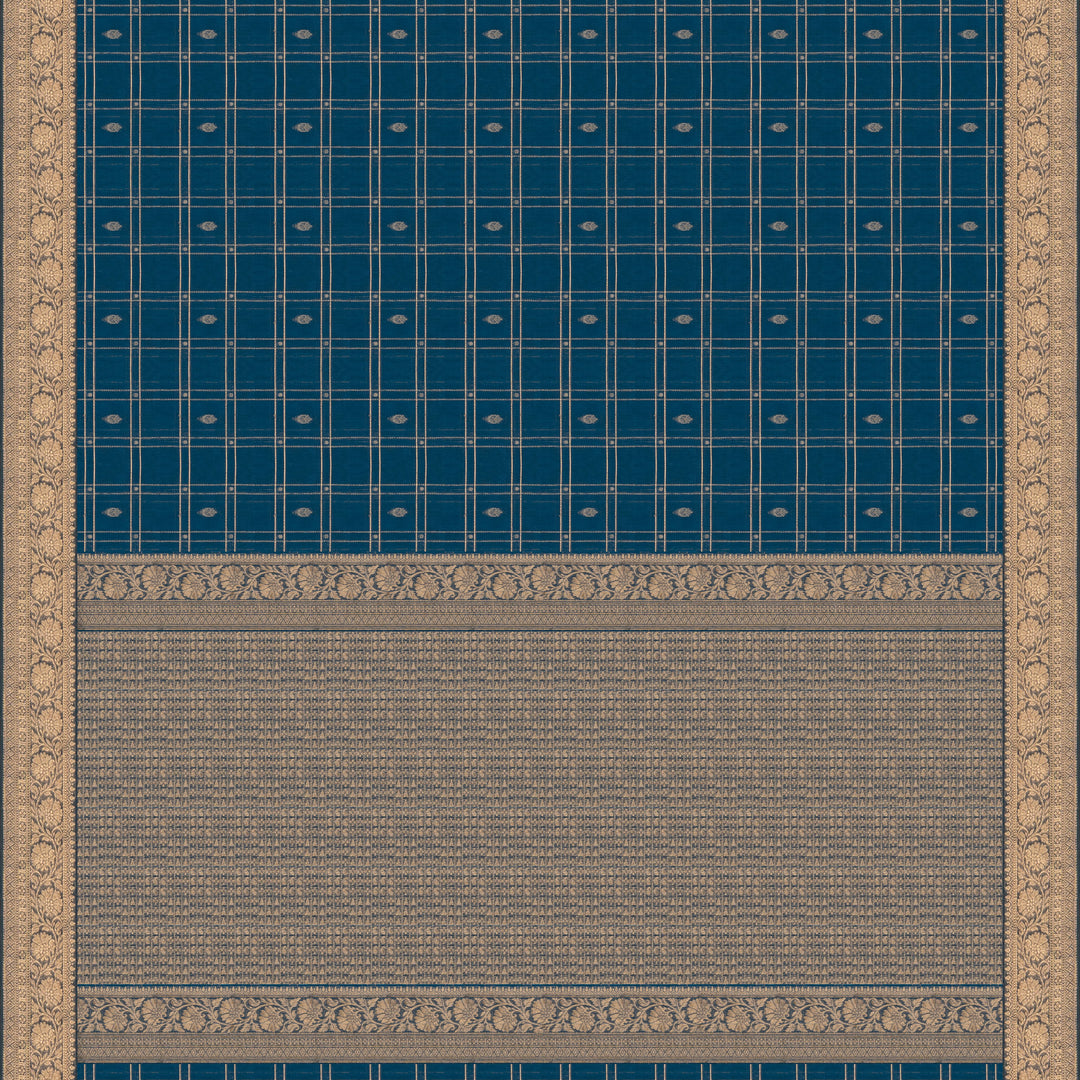 Blue checked silk cotton saree with gold zari border featuring leaf motifs and dotted check pattern