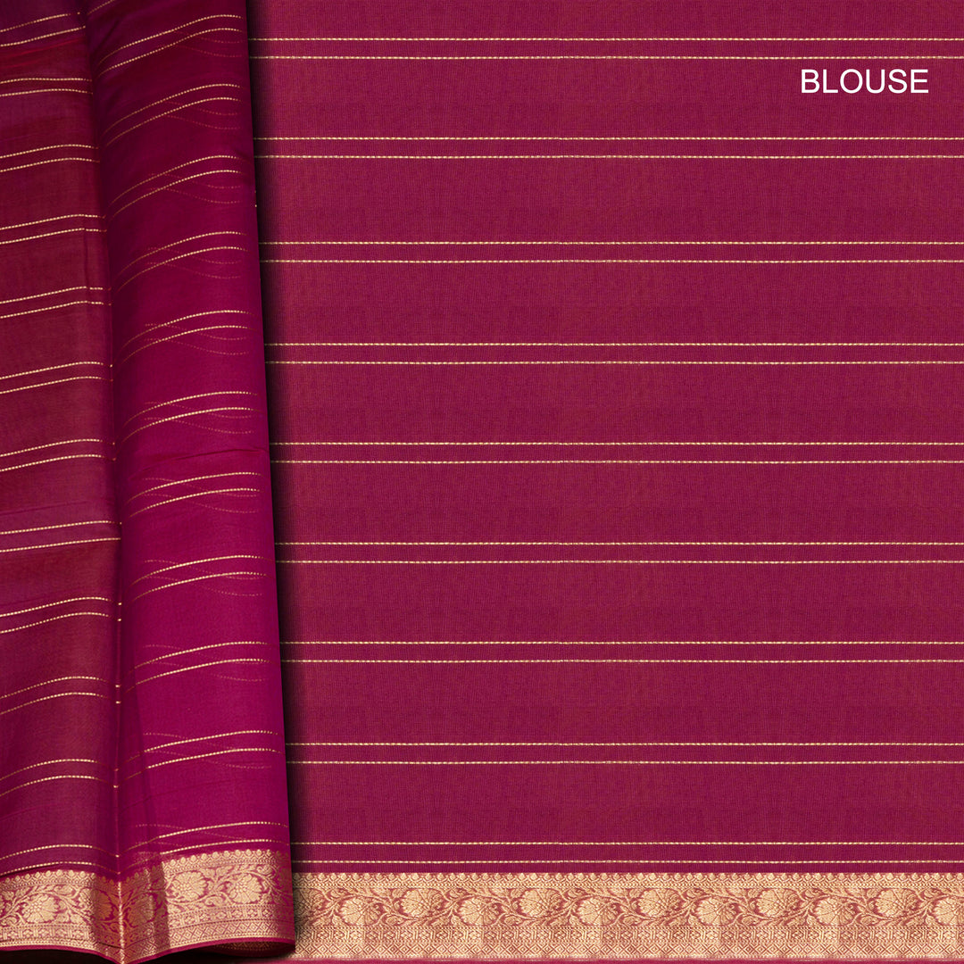 Magenta checked silk cotton saree with gold zari border featuring leaf motifs and dotted check pattern
