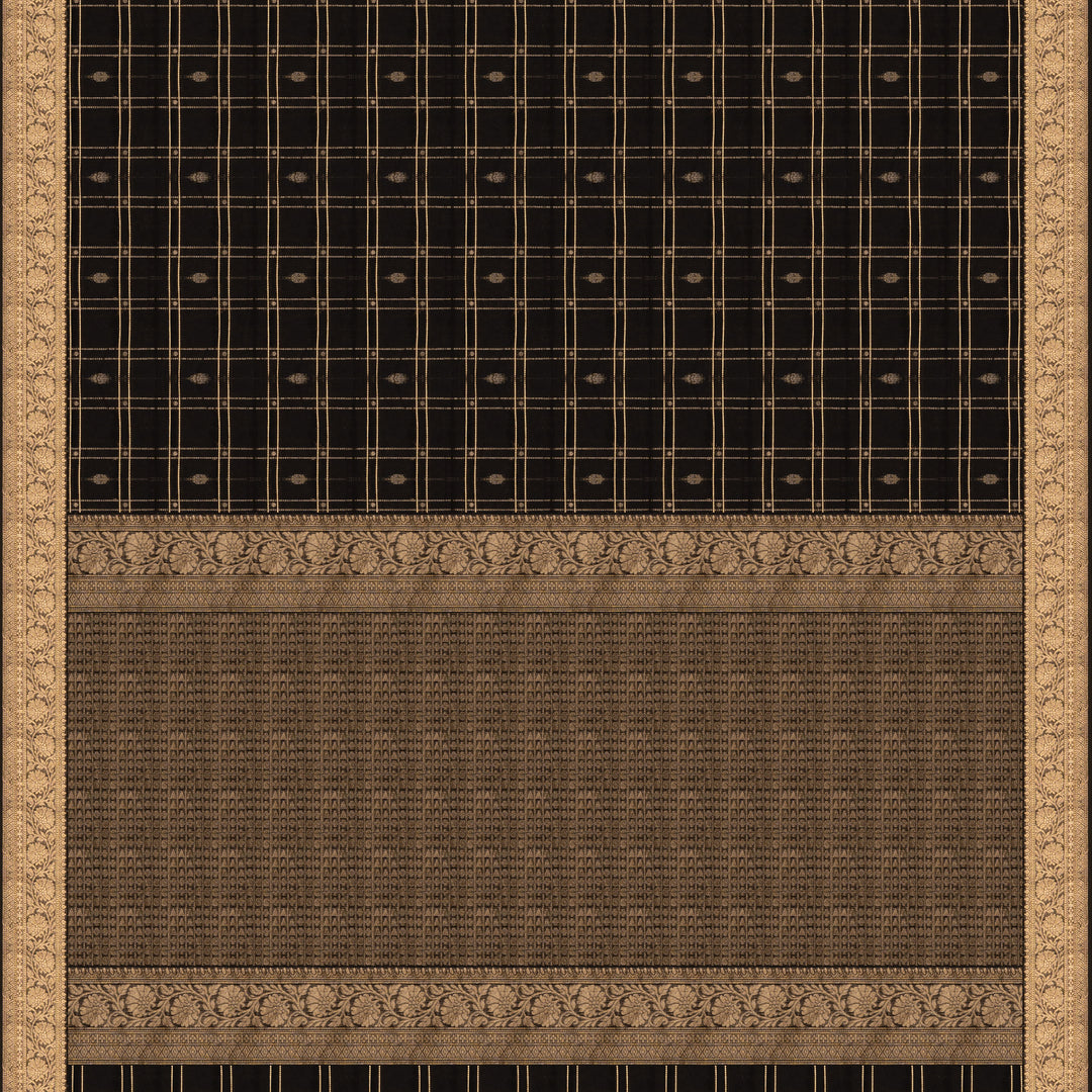 Black checked silk cotton saree with gold zari border featuring leaf motifs and dotted check pattern