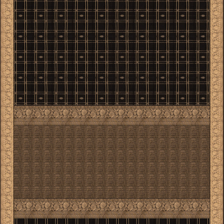 Black checked silk cotton saree with gold zari border featuring leaf motifs and dotted check pattern