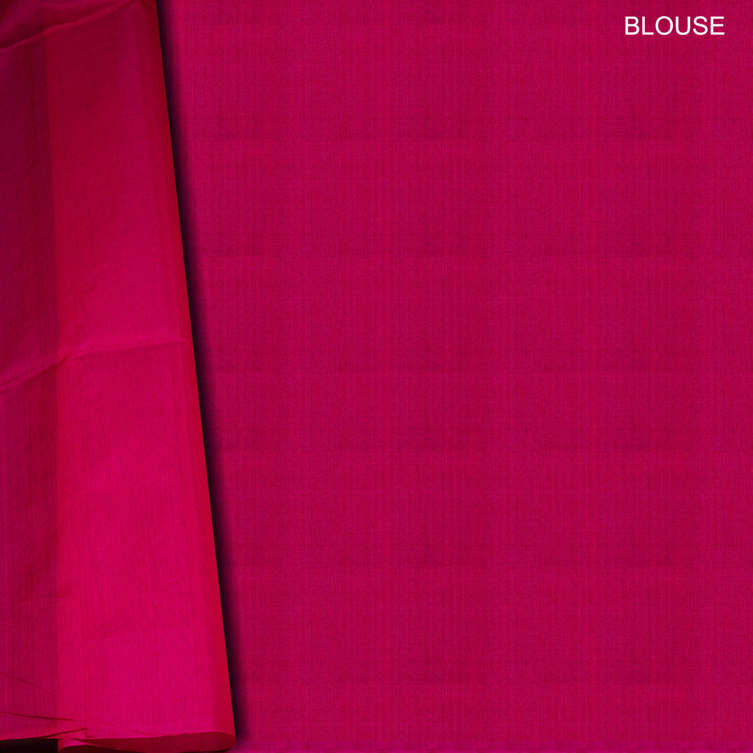 Lime green silk cotton saree with tree of life motifs, rust orange border and magenta pallu with zari detailing