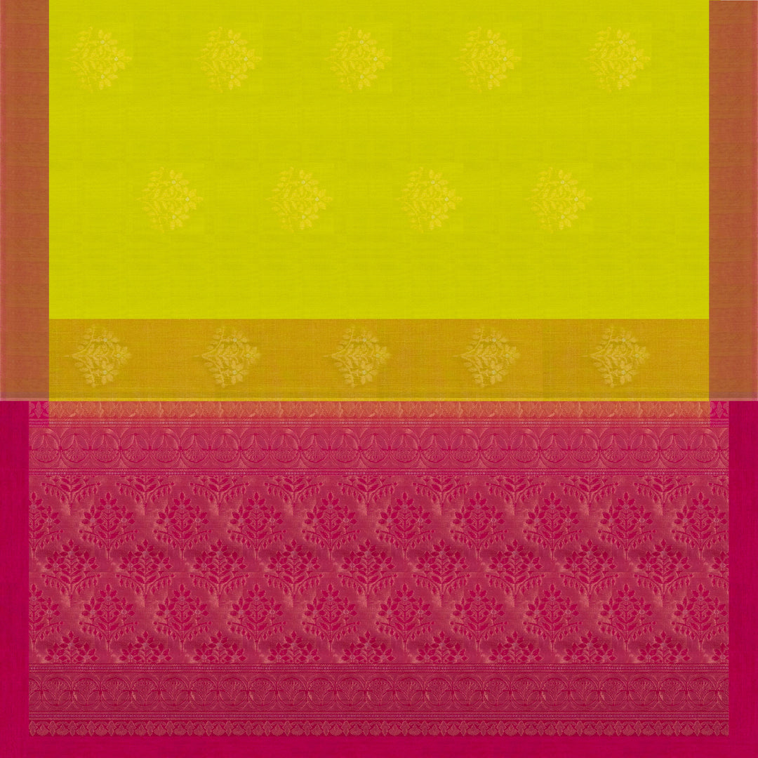 Lime green silk cotton saree with tree of life motifs, rust orange border and magenta pallu with zari detailing