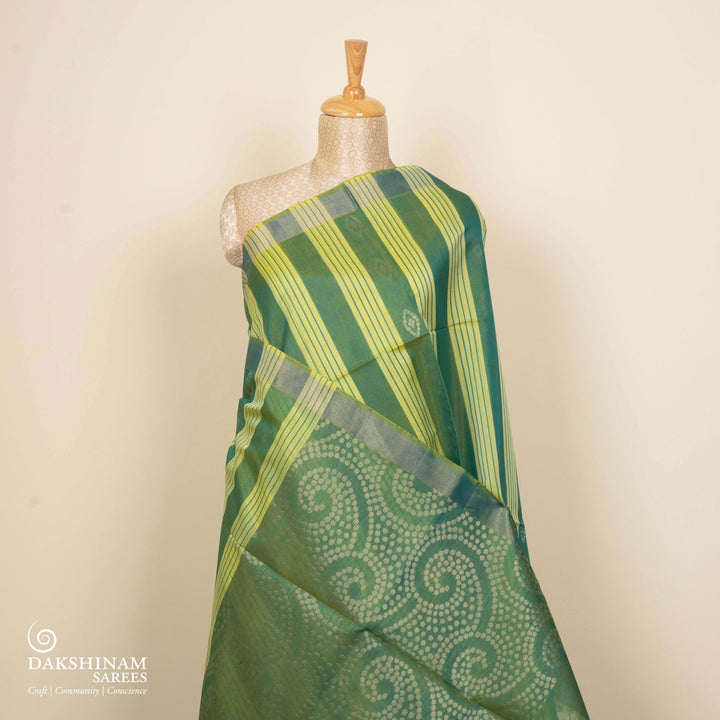 Light & Dark Green Silk Cotton Saree with Gold Zari Stripes and Diamond Butta- 3316T015901DSC