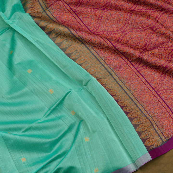 Light Blue Silk Cotton Saree with Purple Pallu and Multicolor Floral Weave 3318T015895DSC