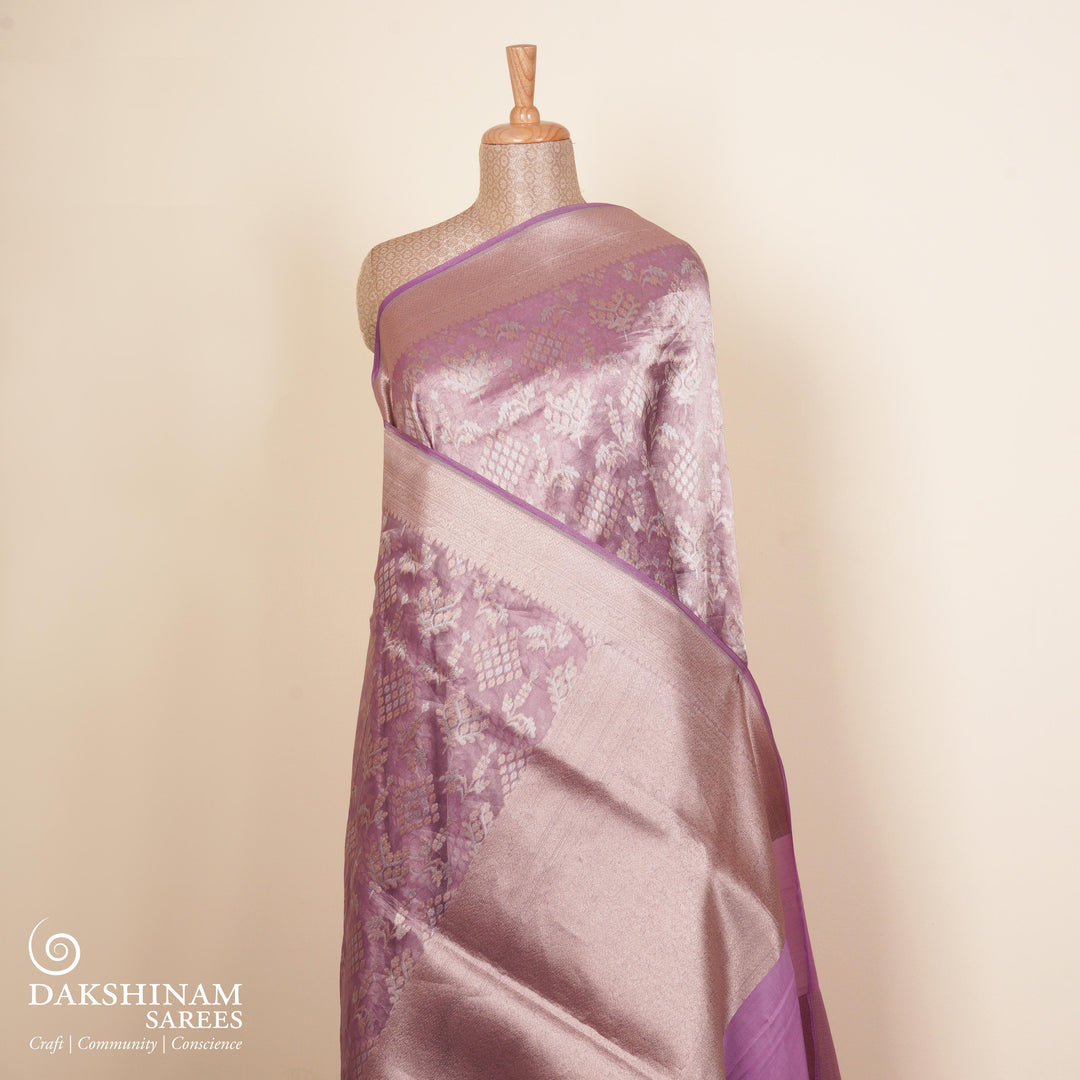 Light lavender organza Banarasi silk saree with diamond and tree butta in gold and silver zari