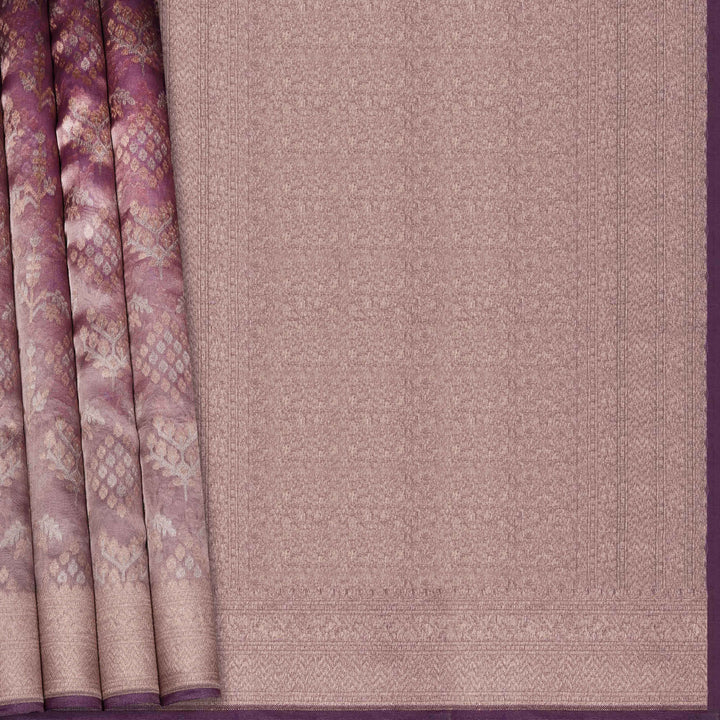 Light lavender organza Banarasi silk saree with diamond and tree butta in gold and silver zari