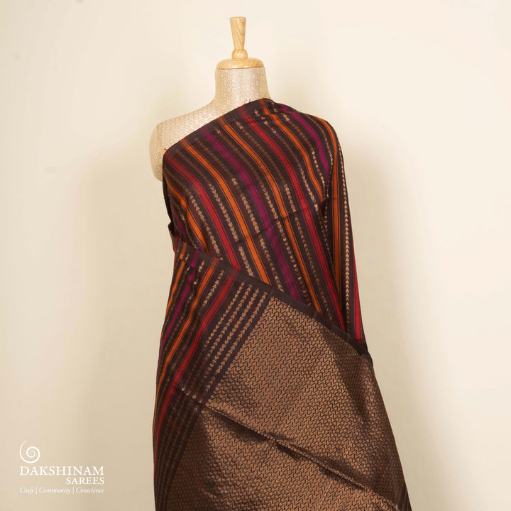 Brown Kora soft silk saree with multicolor vertical stripes and gold zari zigzag pallu