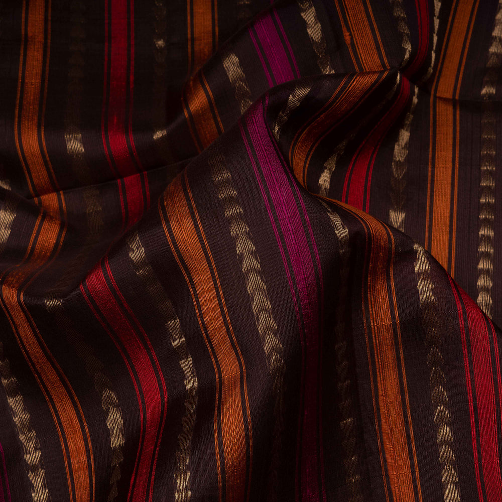 Brown Kora soft silk saree with multicolor vertical stripes and gold zari zigzag pallu