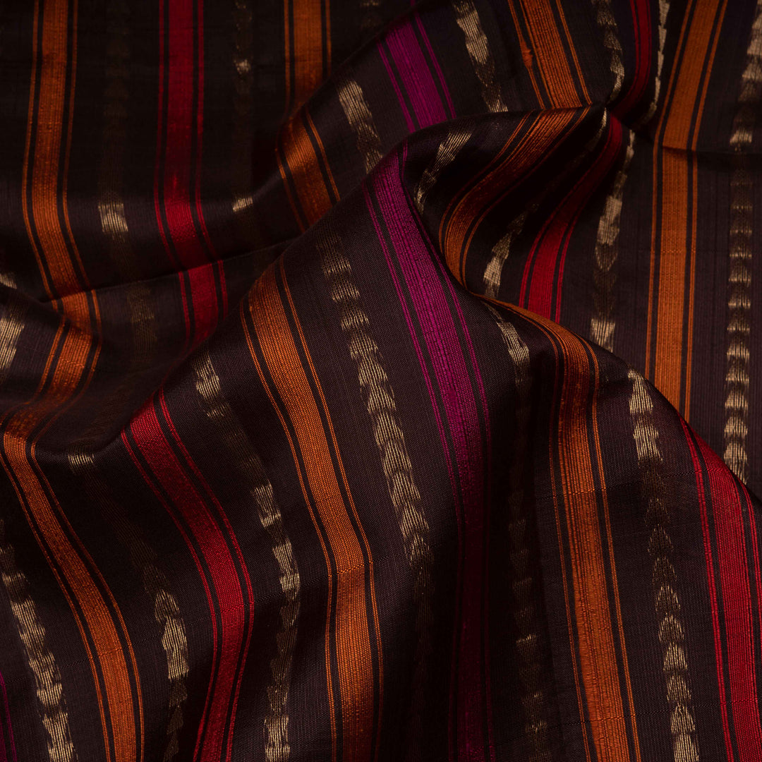 Brown Kora soft silk saree with multicolor vertical stripes and gold zari zigzag pallu