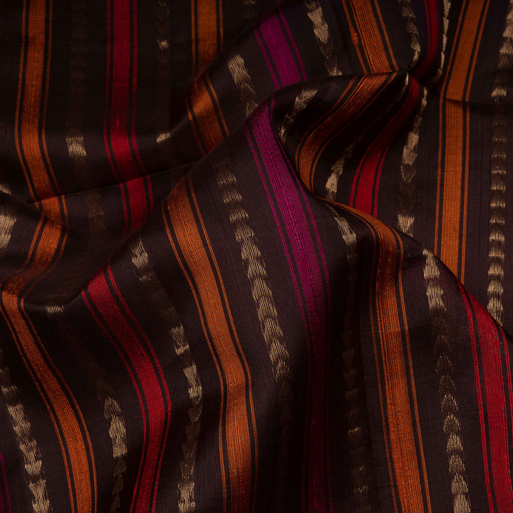 Brown Kora soft silk saree with multicolor vertical stripes and gold zari zigzag pallu
