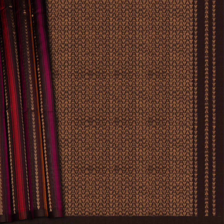 Brown Kora soft silk saree with multicolor vertical stripes and gold zari zigzag pallu