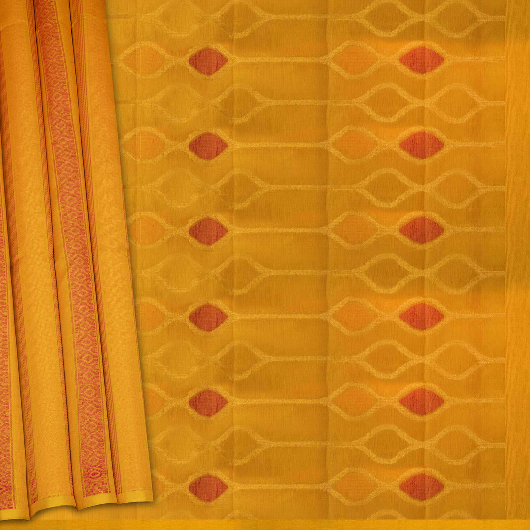 Yellow Kora soft silk saree with dotted stripe pattern and gold zari diamond band with designer pallu