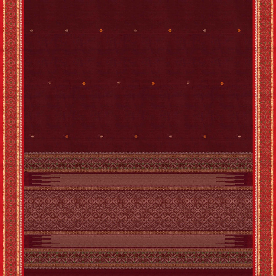 Maroon Kanchi cotton saree with traditional rudraksh, temple and diamond motifs and detailed pallu design