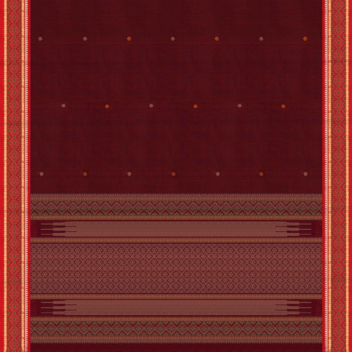 Maroon Kanchi cotton saree with traditional rudraksh, temple and diamond motifs and detailed pallu design