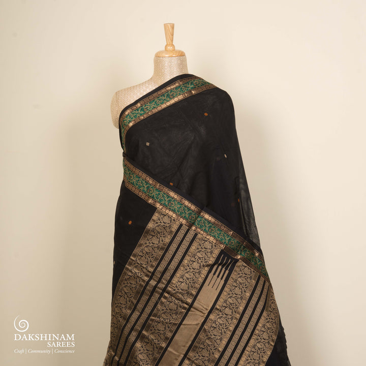 Black Kanchi Cotton Saree with Traditional Butta and Floral Border 3344T015919DSC