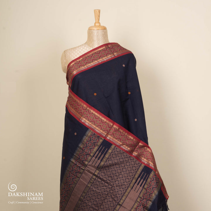 Blue Kanchi Cotton Saree with Red Temple Border 3347T015927DSC