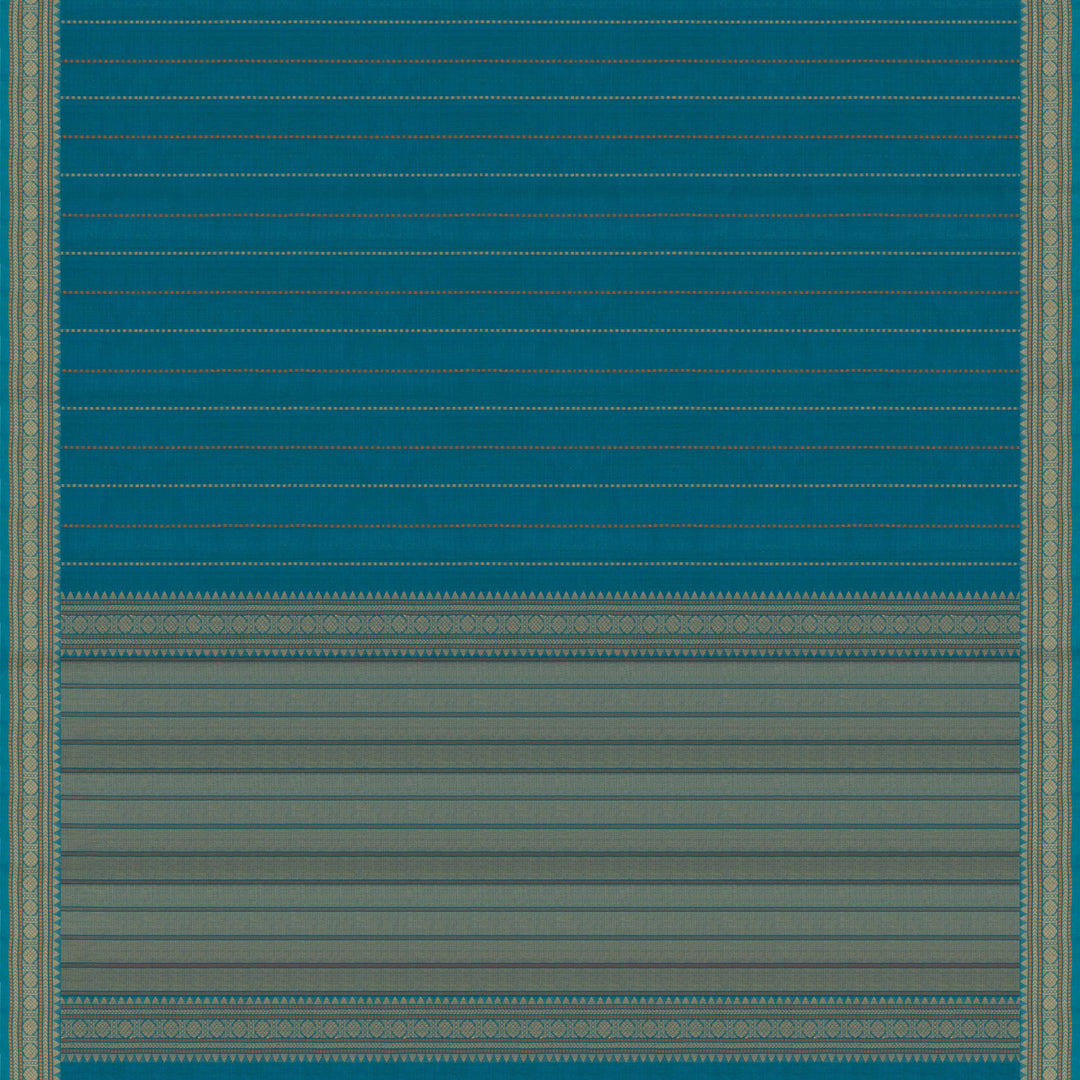 Teal blue handloom Kanchi cotton saree with striped dash butta body, traditional temple and vairom butta border, matching teal blouse.
