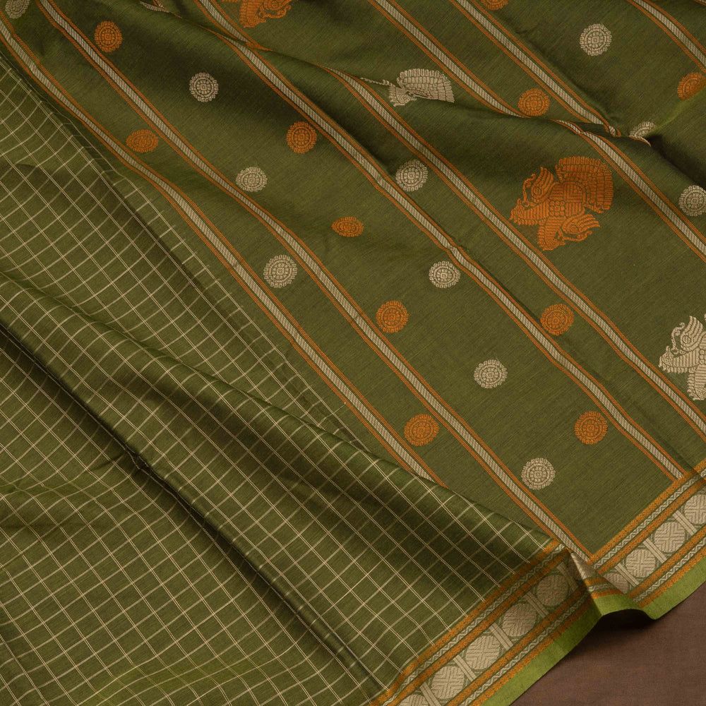 Green Kanchi cotton saree with checks, rudraksh butta border, chevron design and traditional pallu with matching blouse