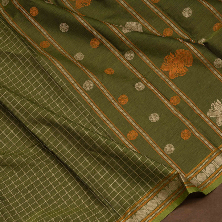 Green Kanchi cotton saree with checks, rudraksh butta border, chevron design and traditional pallu with matching blouse