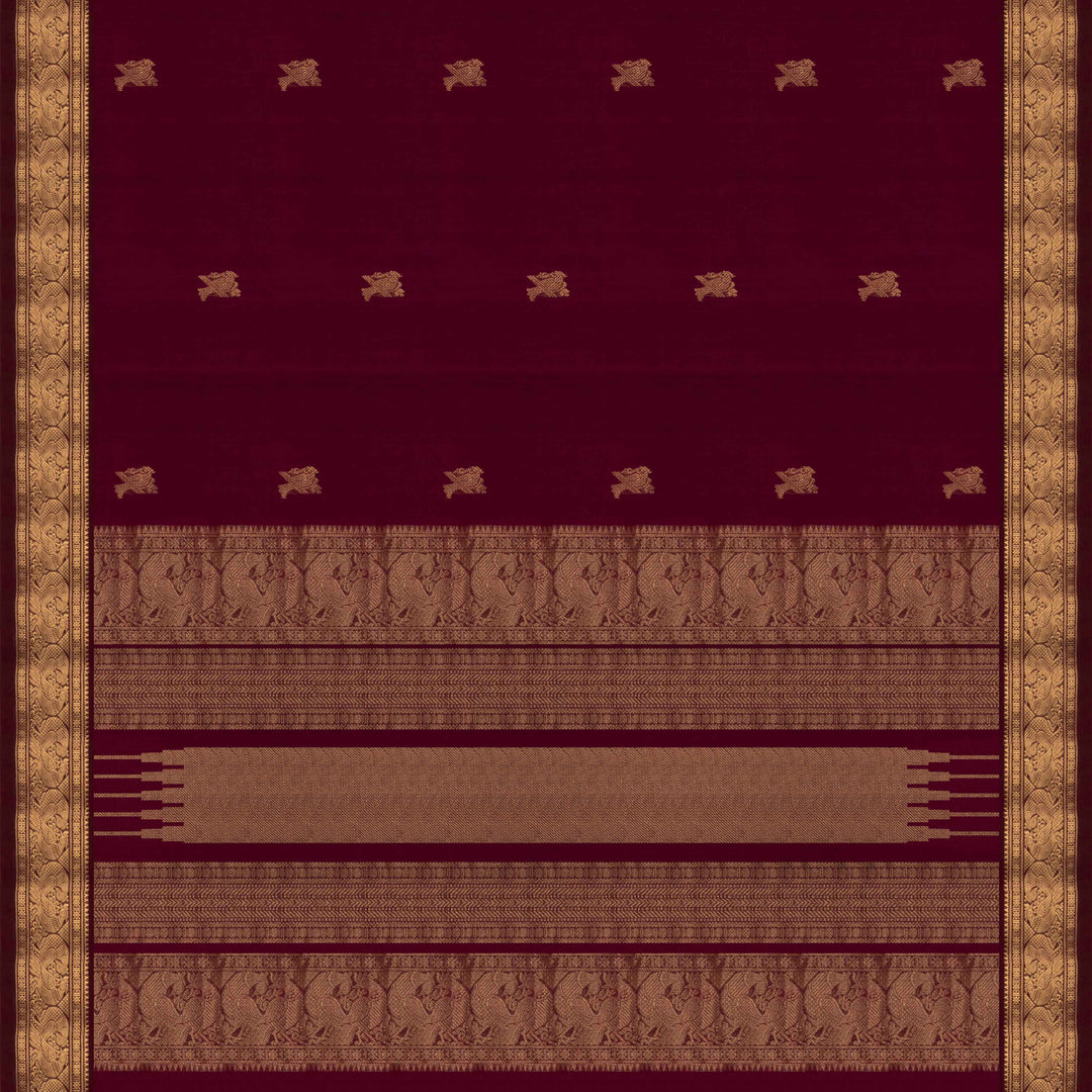 Maroon Kanchi cotton saree with kili motif body, mayil motif border and rich traditional pallu with matching blouse