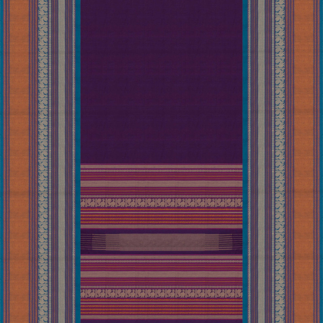 Purple Kanchi cotton saree with plain body, mango design border, mayil butta and traditional pallu with matching blouse