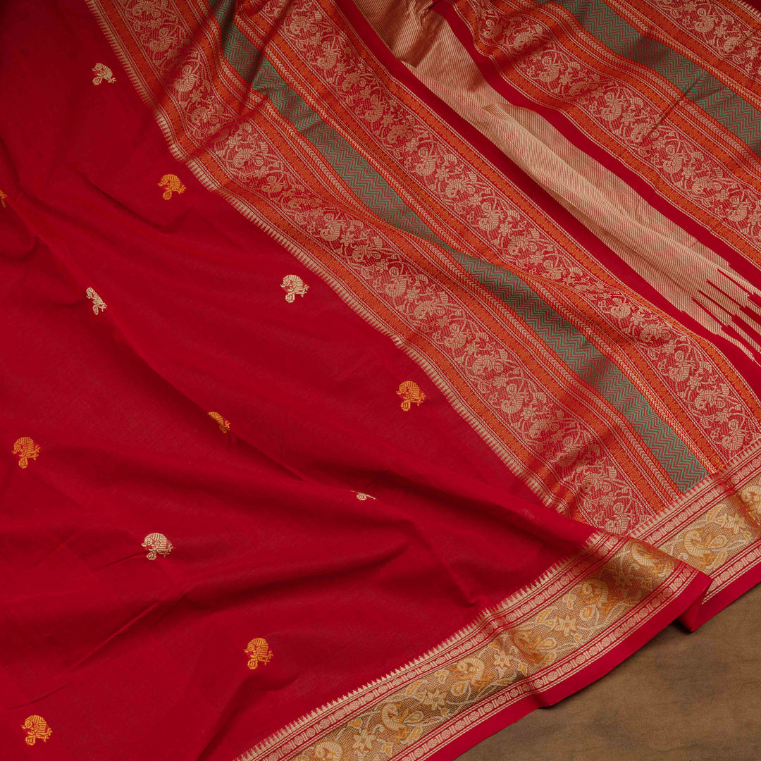 Red Original Handloom Kanchi Cotton Saree with Temple Border 3353T015938DSC