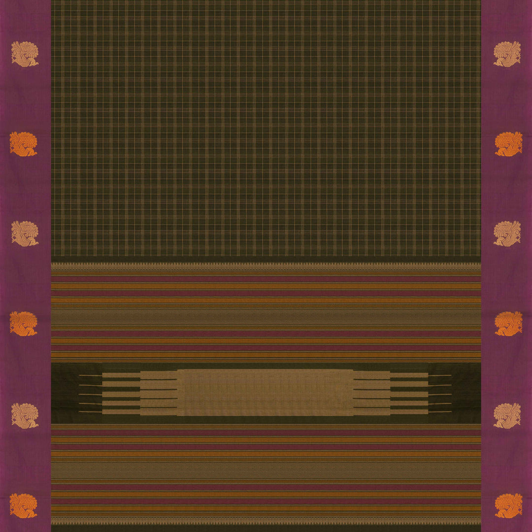 Green Original Handloom Kanchi Cotton Saree with Purple Border 3355T015925DSC