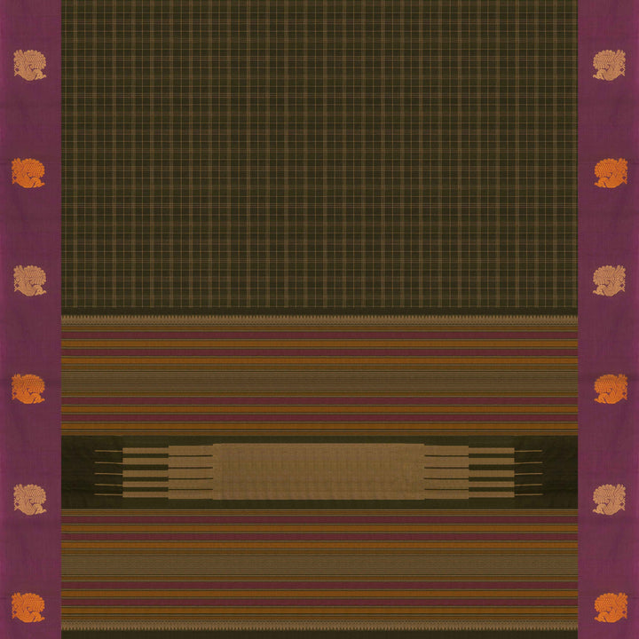 Green Original Handloom Kanchi Cotton Saree with Purple Border 3355T015925DSC