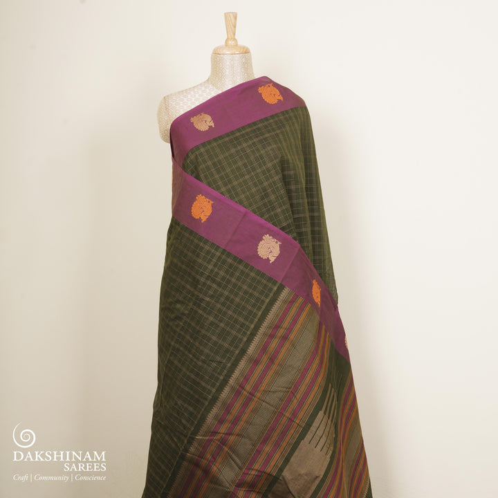 Green Original Handloom Kanchi Cotton Saree with Purple Border 3355T015925DSC