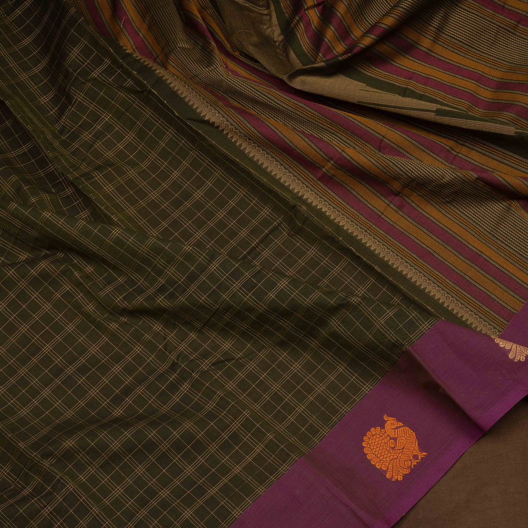 Green Original Handloom Kanchi Cotton Saree with Purple Border 3355T015925DSC