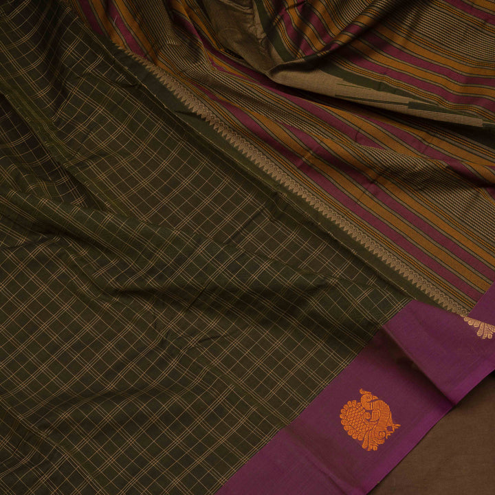 Green Original Handloom Kanchi Cotton Saree with Purple Border 3355T015925DSC