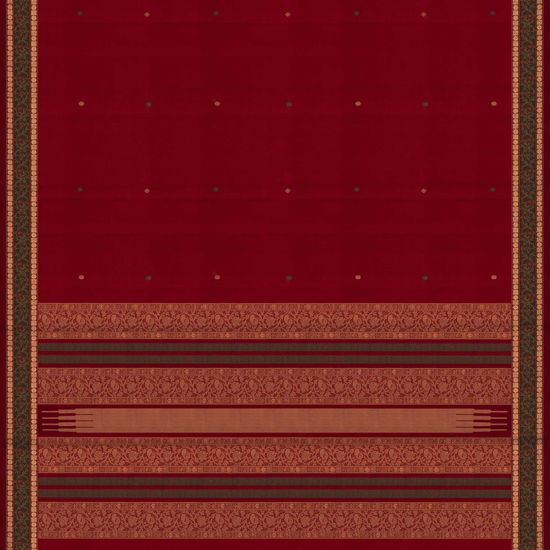 Red Original Handloom Kanchi Cotton Saree with Green Zari Border 3358T015918DSC