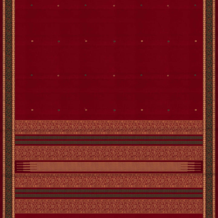 Red Original Handloom Kanchi Cotton Saree with Green Zari Border 3358T015918DSC