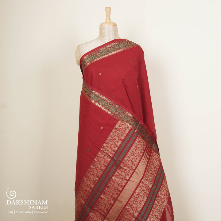 Red Original Handloom Kanchi Cotton Saree with Green Zari Border 3358T015918DSC