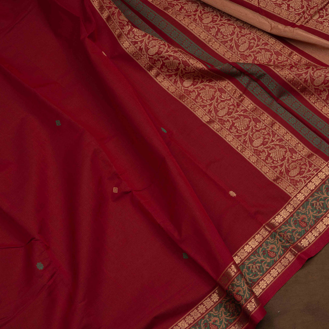 Red Original Handloom Kanchi Cotton Saree with Green Zari Border 3358T015918DSC